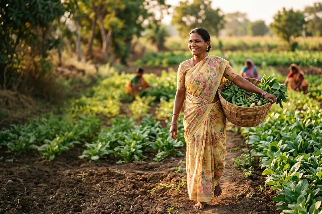 A woman farmer carrying a basket of freshly picked greens through a field